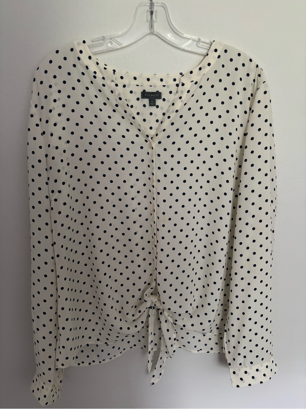 Talbots Cream and Black/Dark Gray Polka Dot Tie-Front Button Down Blouse